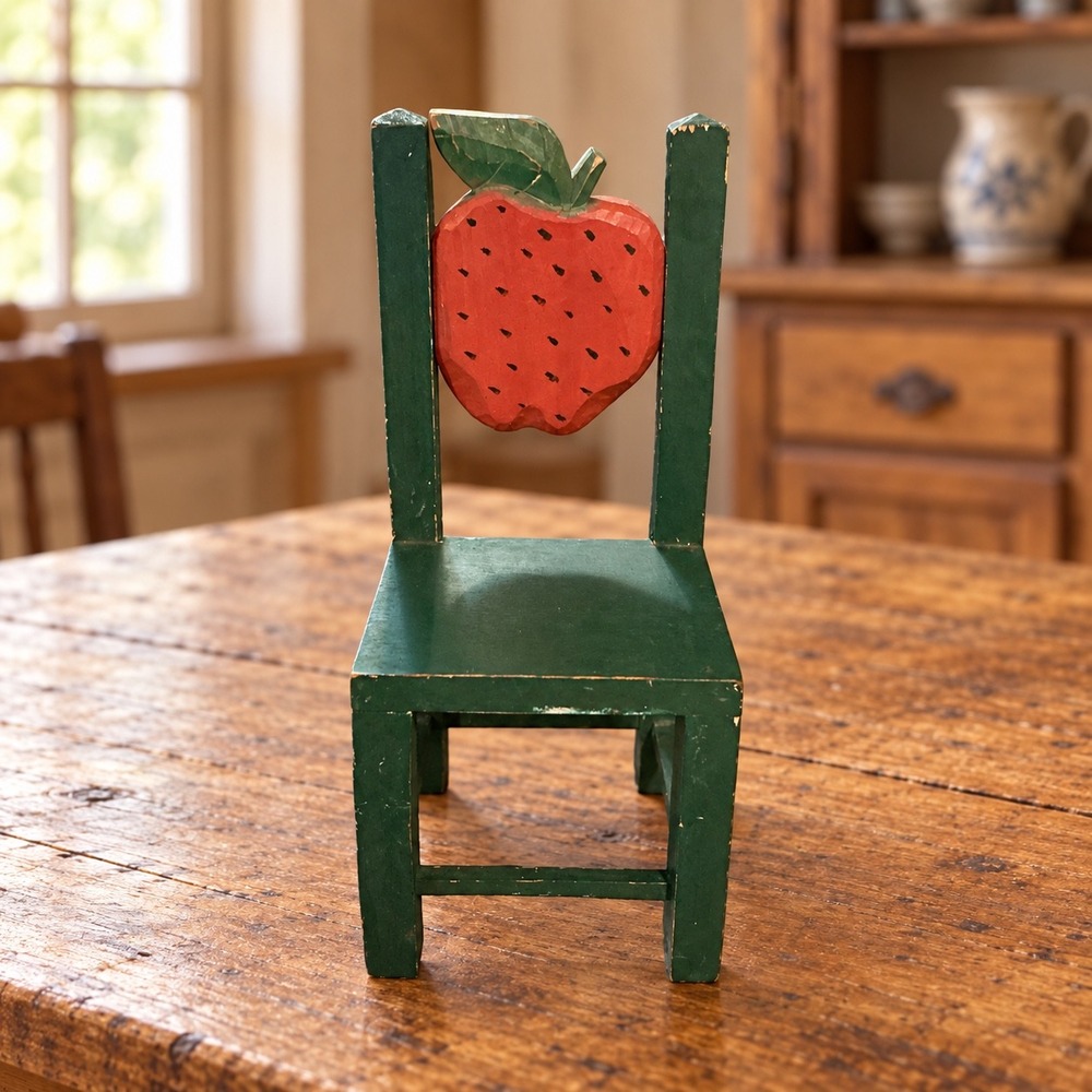 Vintage Wooden Apple Chair Folk Art Miniature Green Red 11.5 inch
